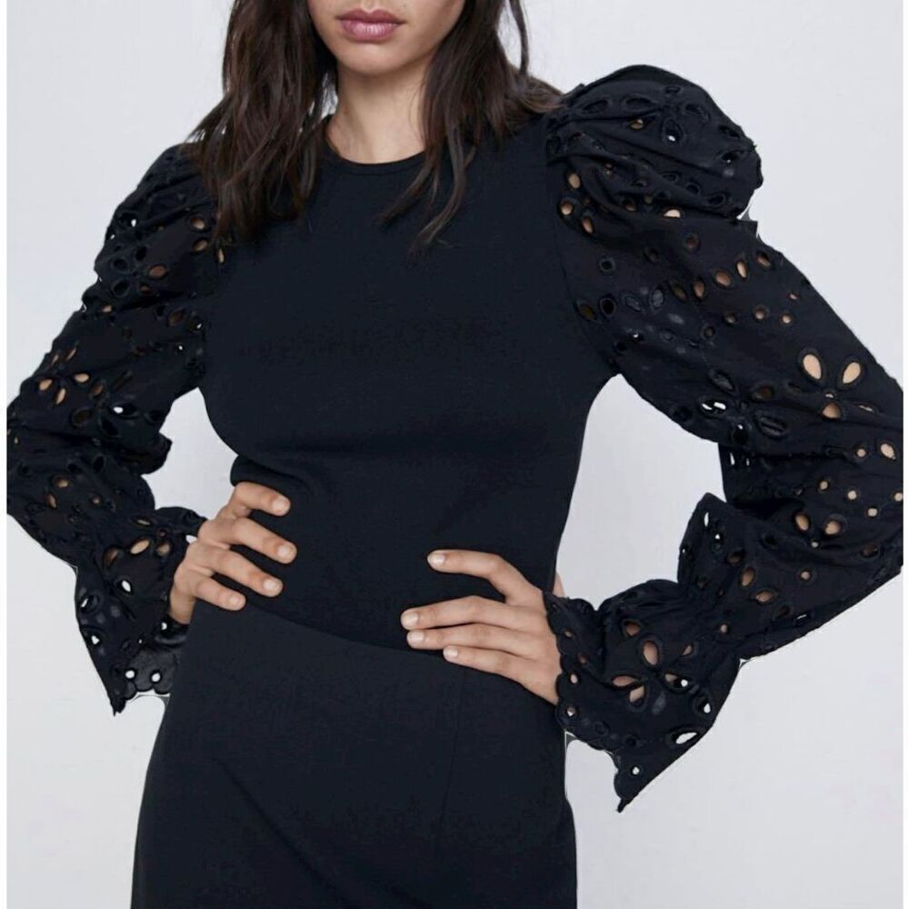 Zara Black Puff Long Sleeve Lace Blouse Top Size Small